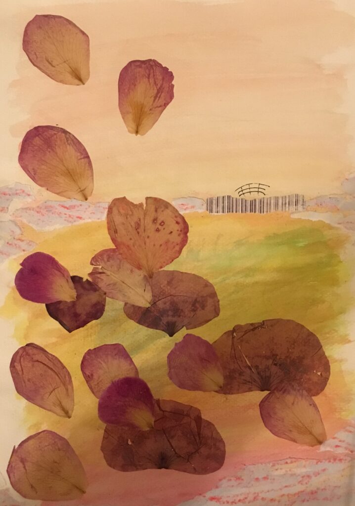 Mixed media artwork - Monet's bridge and flower petals.